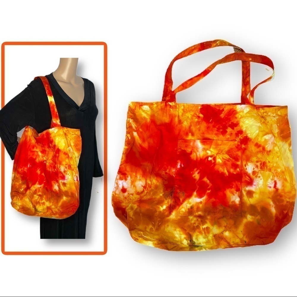 Tie dye XL tote environmental reusable bag orange gold fire lava galaxy